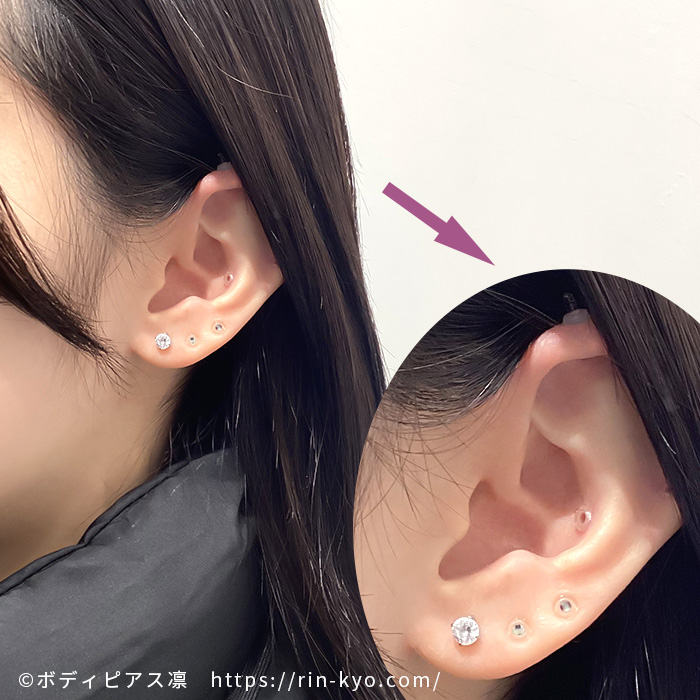 凛の透明強化ガラスピアスを着けたスタッフ